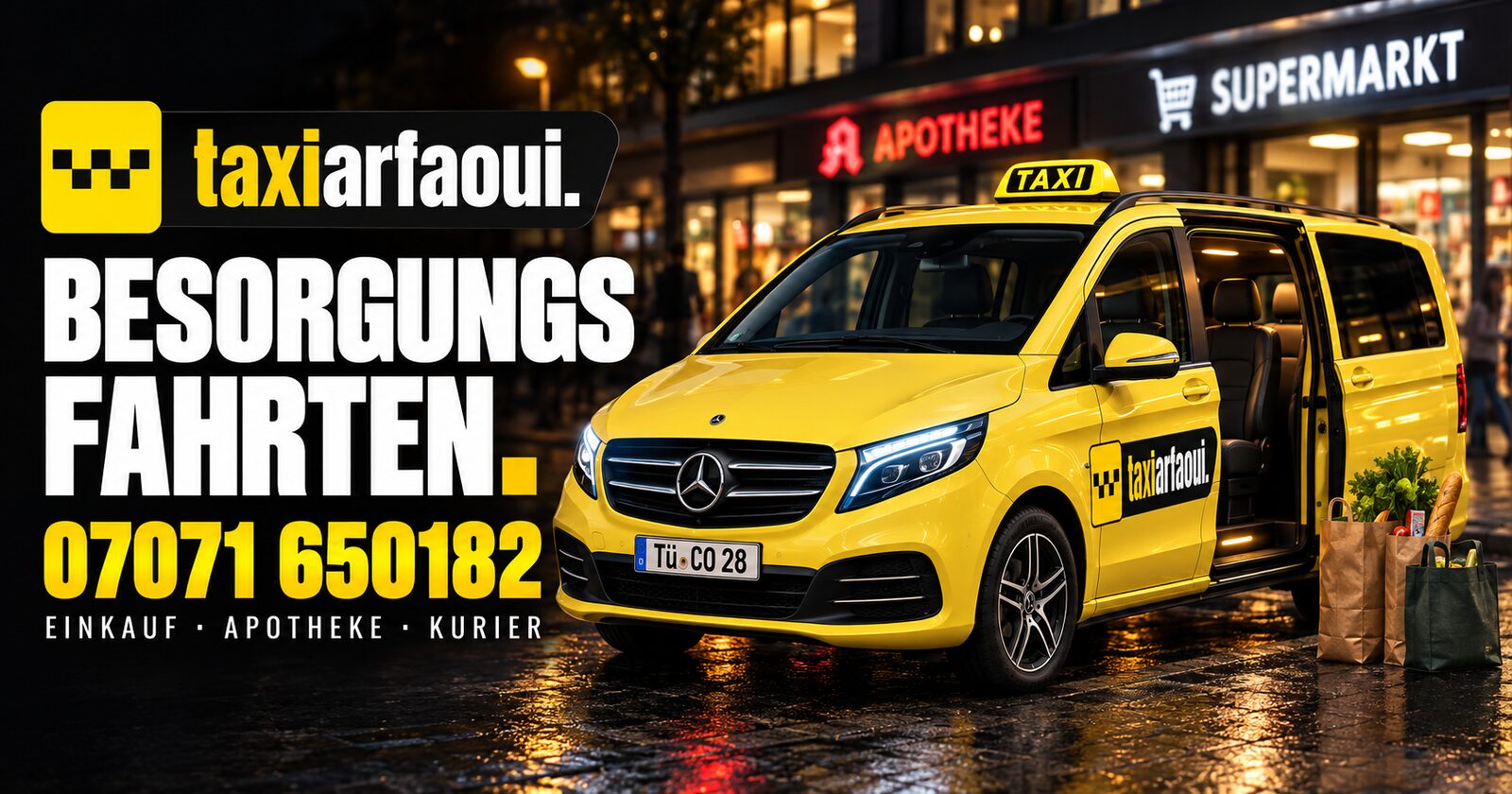 Besorgungsfahrten von Taxi Arfaoui: der gelbe Vito mit offener Schiebetür vor Apotheke und Supermarkt, ein Fahrer lädt Einkäufe und Blumen ein