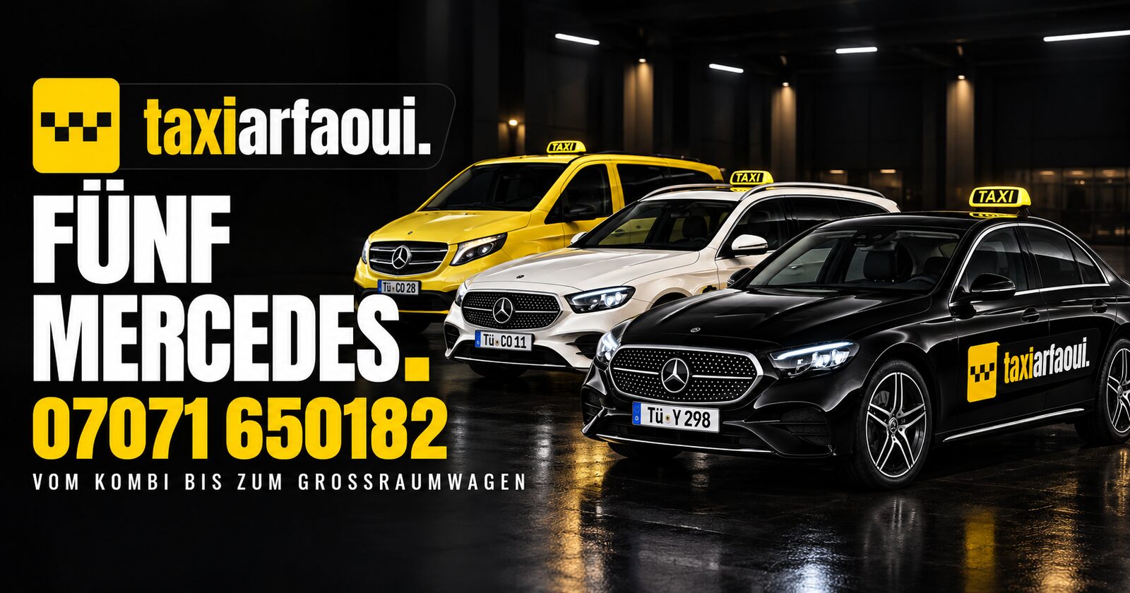 Der Fuhrpark von Taxi Arfaoui: fünf Mercedes nebeneinander, von der E-Klasse Limousine bis zum Vito