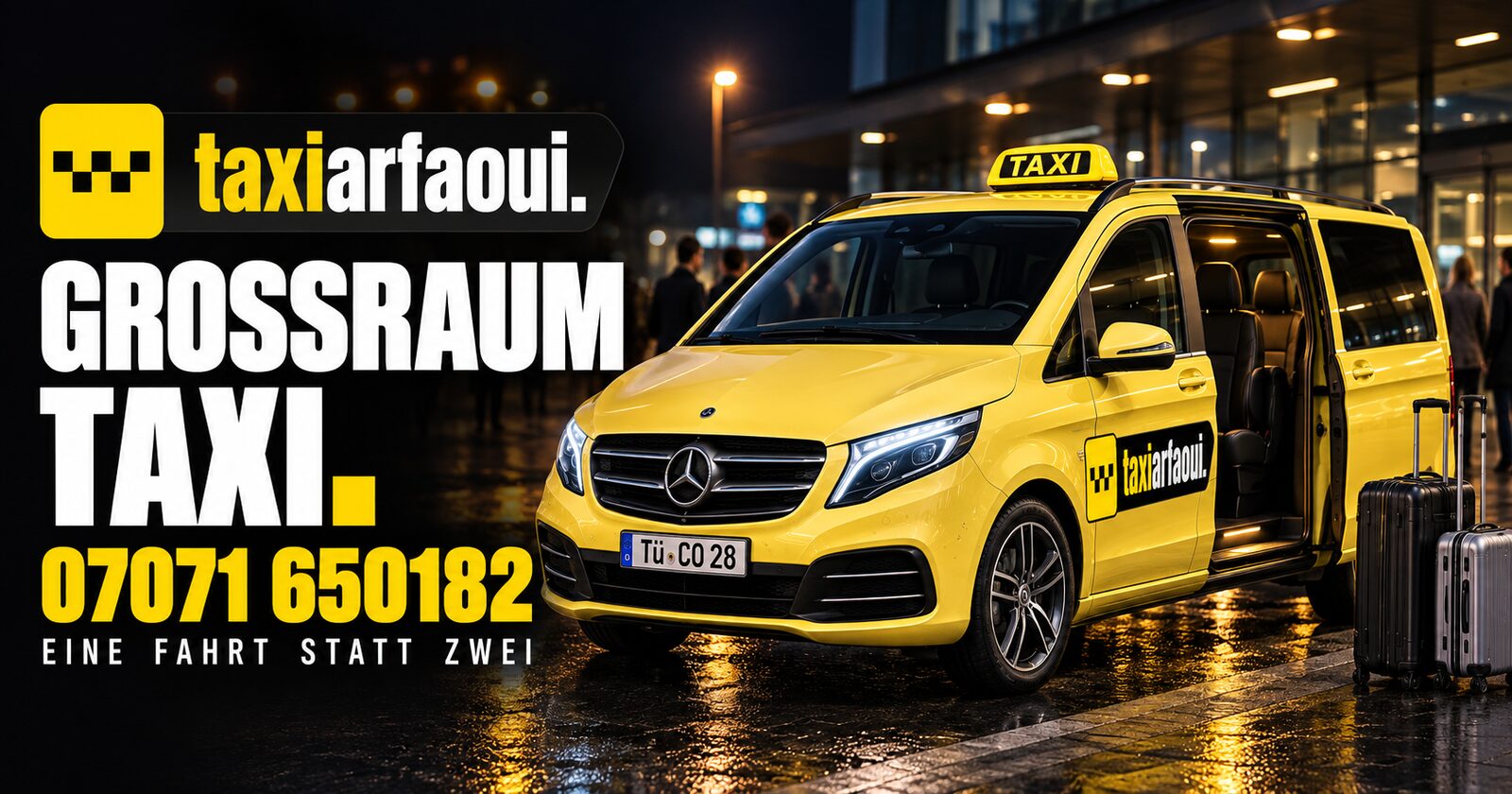 Der gelbe Mercedes Vito von Taxi Arfaoui vor dem Terminal, dahinter eine Familie mit Koffern