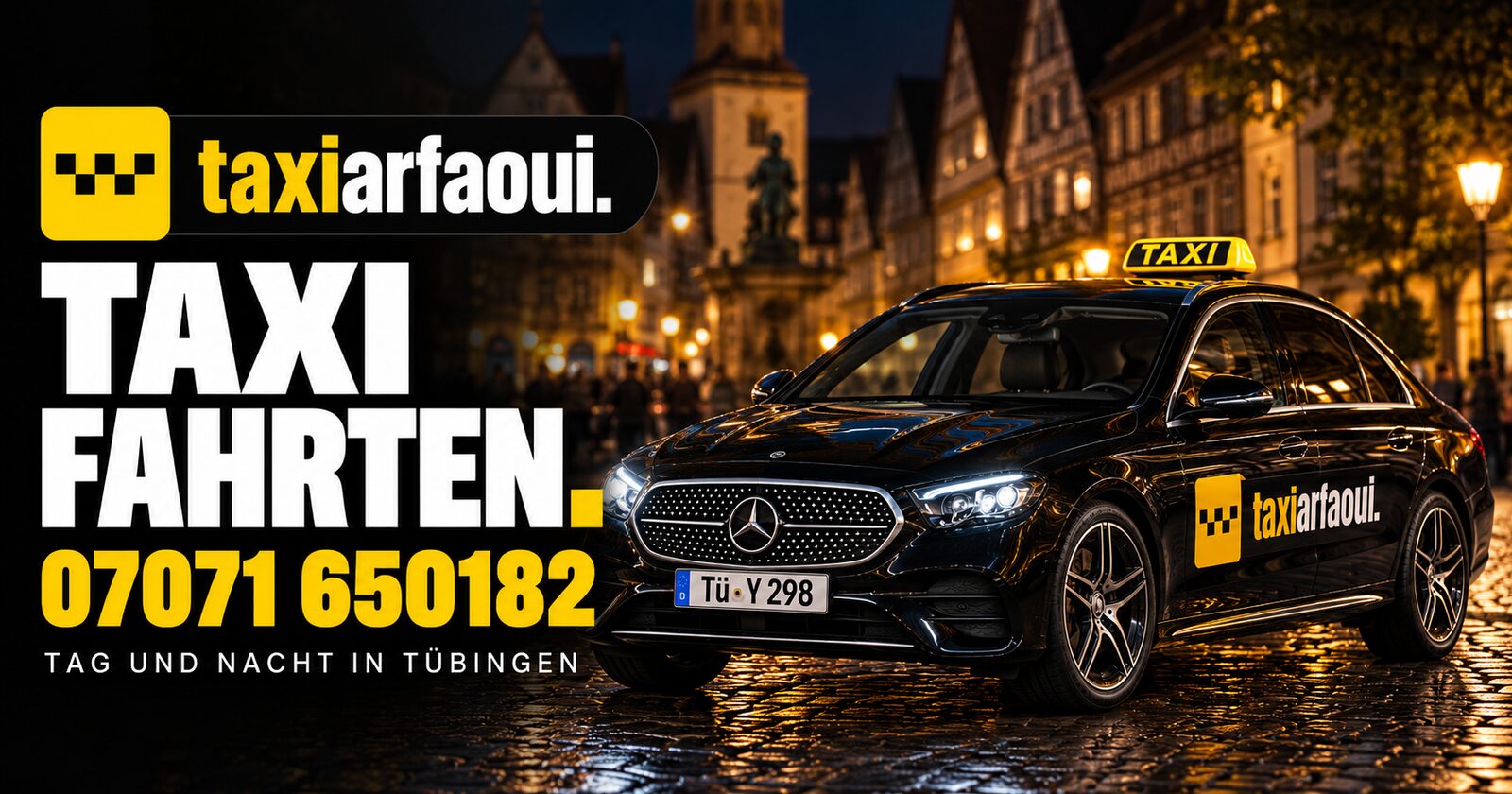 Der Fuhrpark von Taxi Arfaoui vor dem Flughafen: fünf Mercedes, Flughafentransfer, Stadtfahrten, Gruppenfahrten und Kurierfahrten