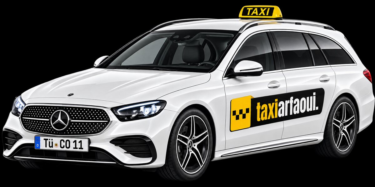 Weißer Mercedes-Benz E-Klasse Kombi von Taxi Arfaoui aus Tübingen, seitlich von vorne