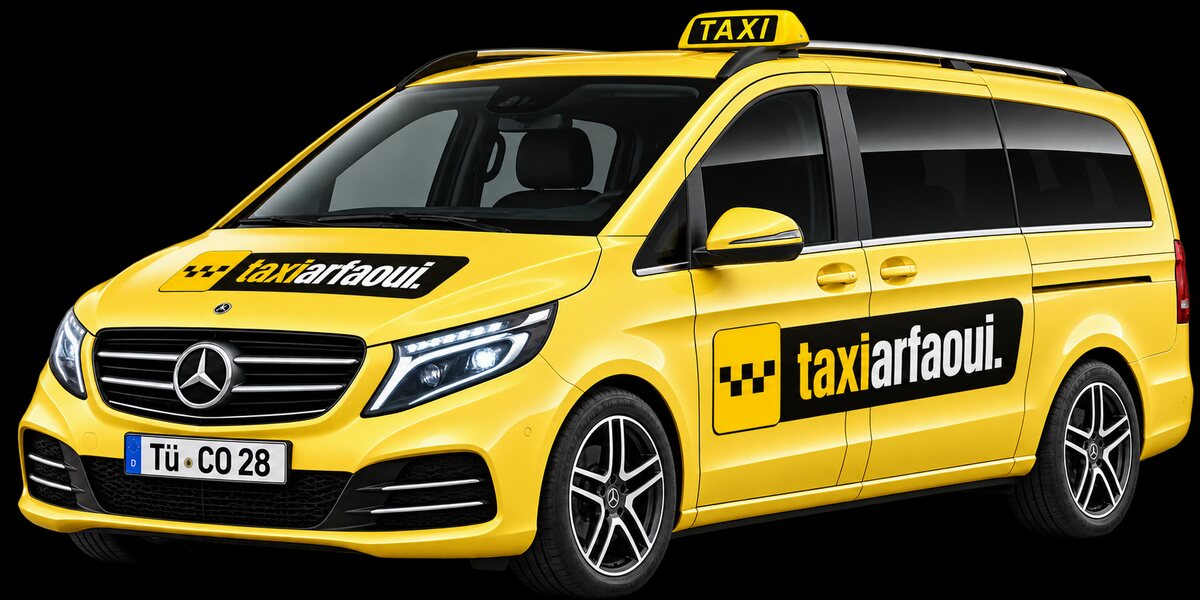 Gelbes Großraumtaxi Mercedes-Benz Vito von Taxi Arfaoui aus Tübingen, seitlich von vorne