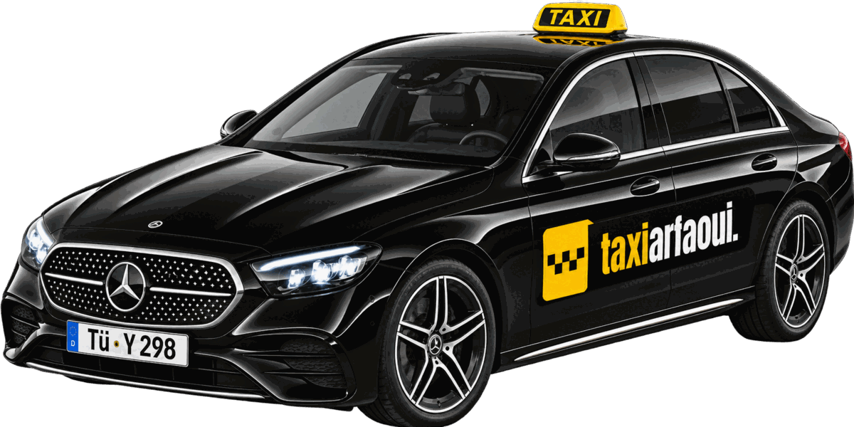 Schwarze Mercedes-Benz E-Klasse Limousine mit Taxischild von Taxi Arfaoui aus Tübingen