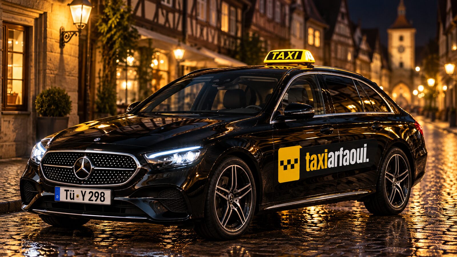 Schwarzer Mercedes-Benz E-Klasse Kombi von Taxi Arfaoui mit leuchtendem Taxischild nachts auf Kopfsteinpflaster in der Tübinger Altstadt
